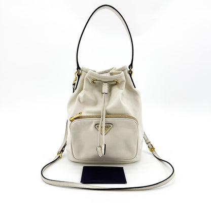 Prada Duet Drawstring Bucket Leather, White, Leather, Handbag