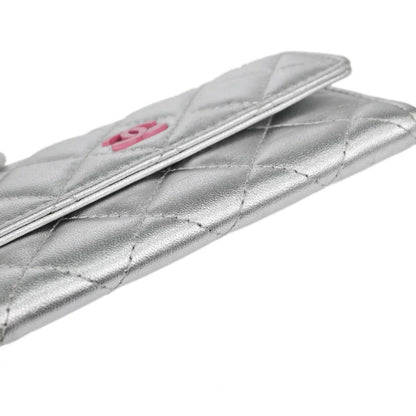 Chanel CC Flap Card Case Quilted Lambskin, Silver, Leather, Card Holder