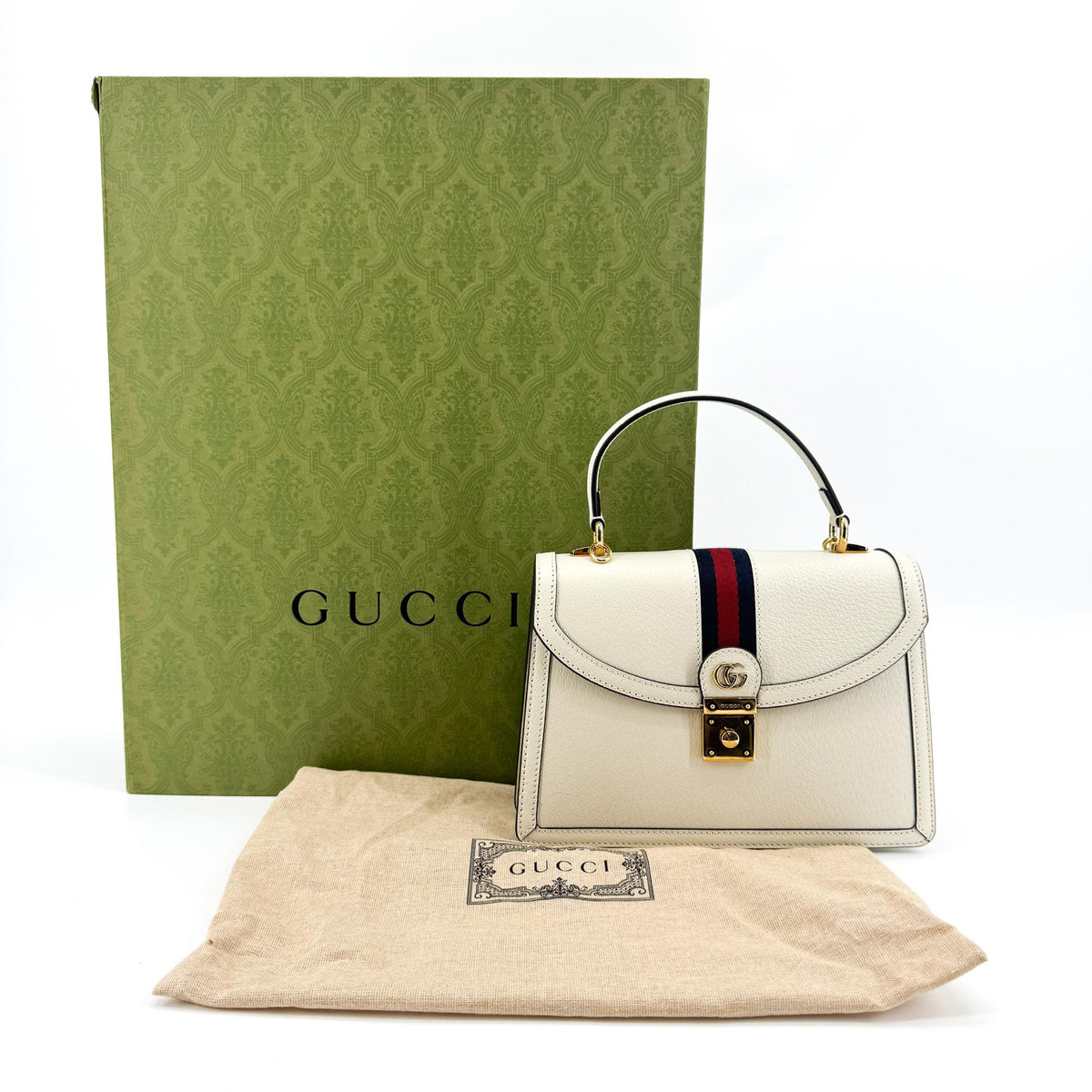 Gucci Ophidia Flap Top Handle Leather, White, Leather, Handbag