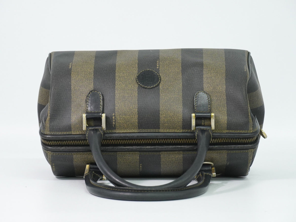 Fendi Vintage Pequin Convertible Boston Coated Canvas, Khaki, Canvas, Handbag