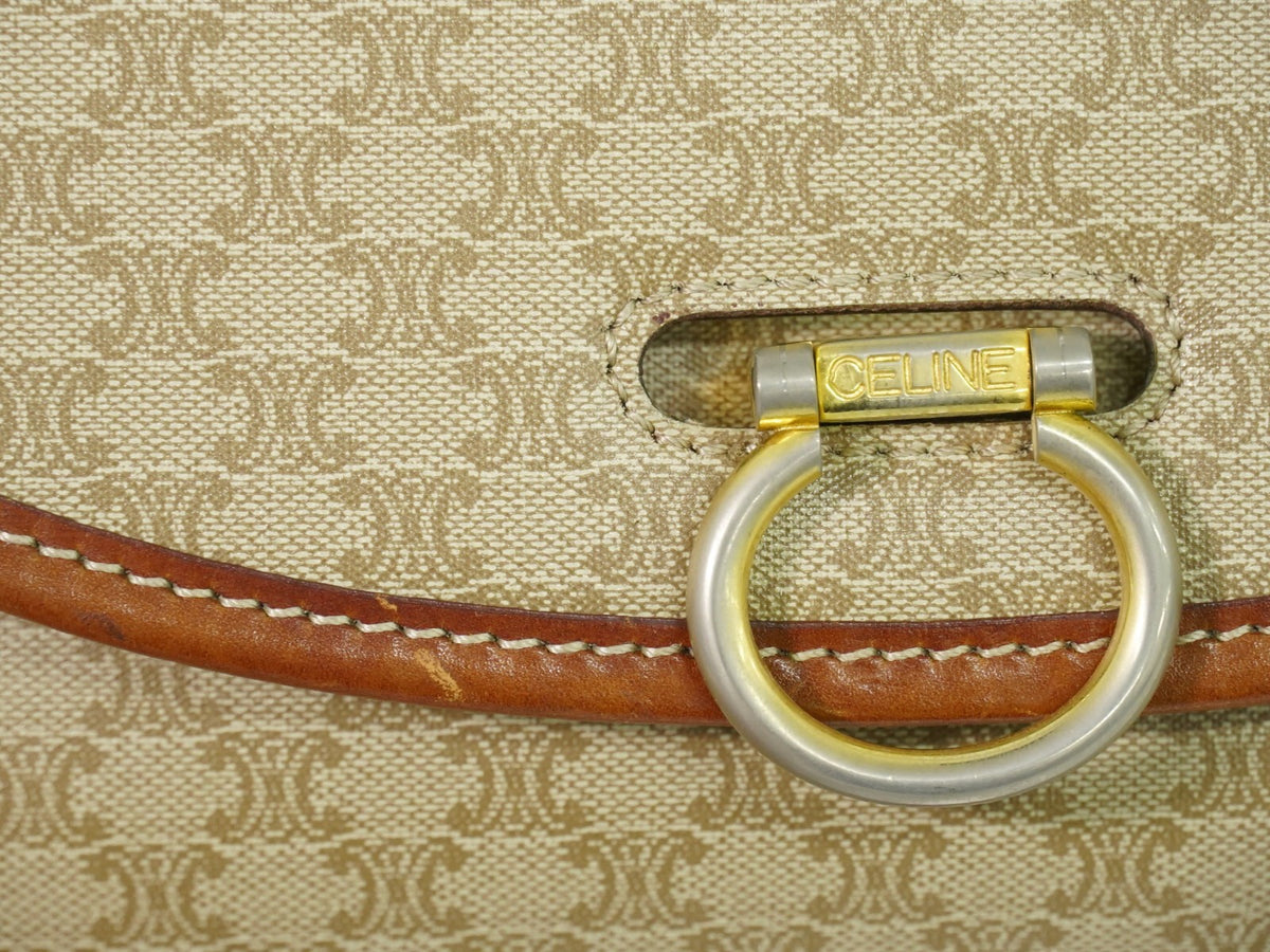 Celine Vintage Macadam Canvas and Leather, Beige, Canvas, Shoulder Bag