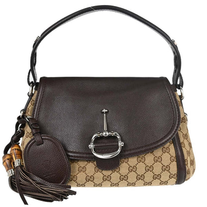 Gucci Techno Horsebit Flap Hobo Leather, Beige, Canvas, Shoulder Bag