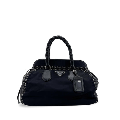 Prada Whipstitch Frame Satchel Tessuto and Leather, Black, Nylon, Handbag