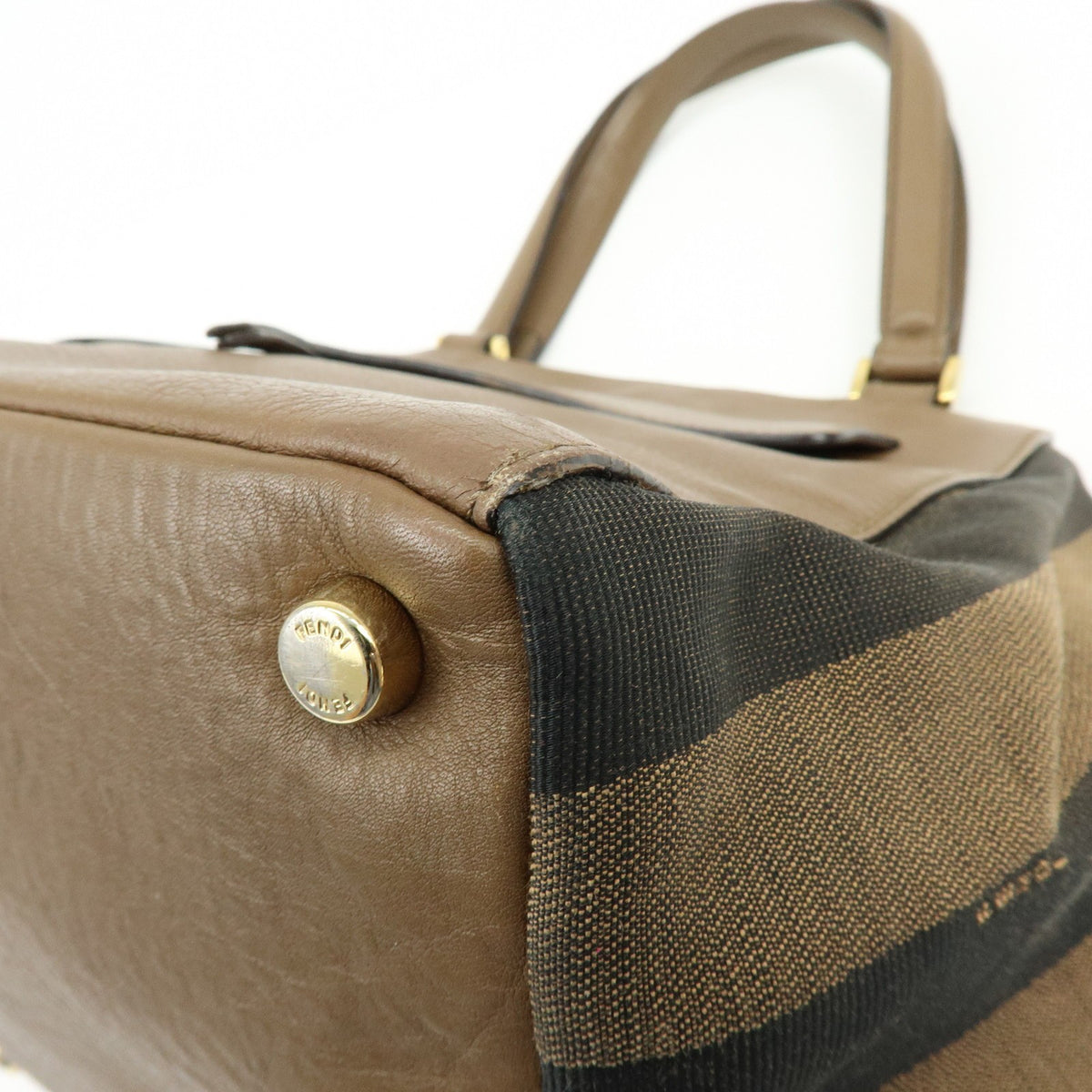 Fendi Boxy Leather with Pequin Canvas, Brown, Leather, Tote Bag