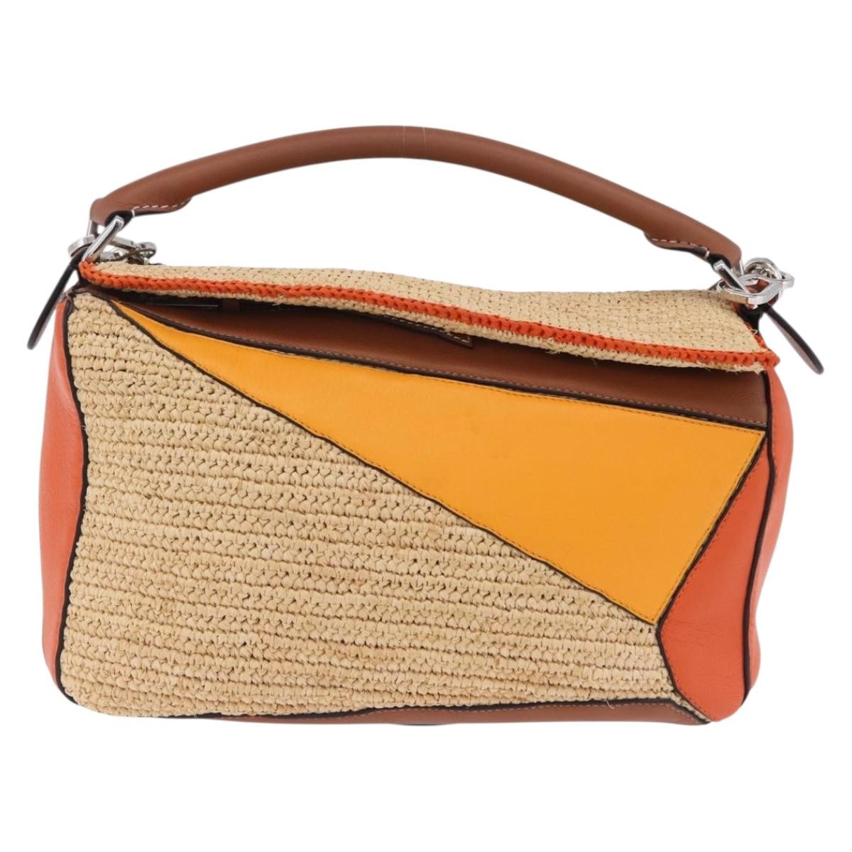 Loewe Puzzle Leather and Raffia, Beige, Leather, Handbag
