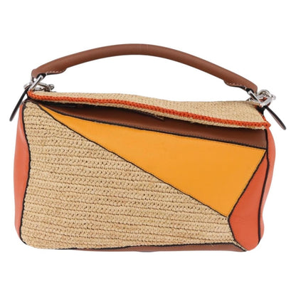 Loewe Puzzle Leather and Raffia, Beige, Leather, Handbag