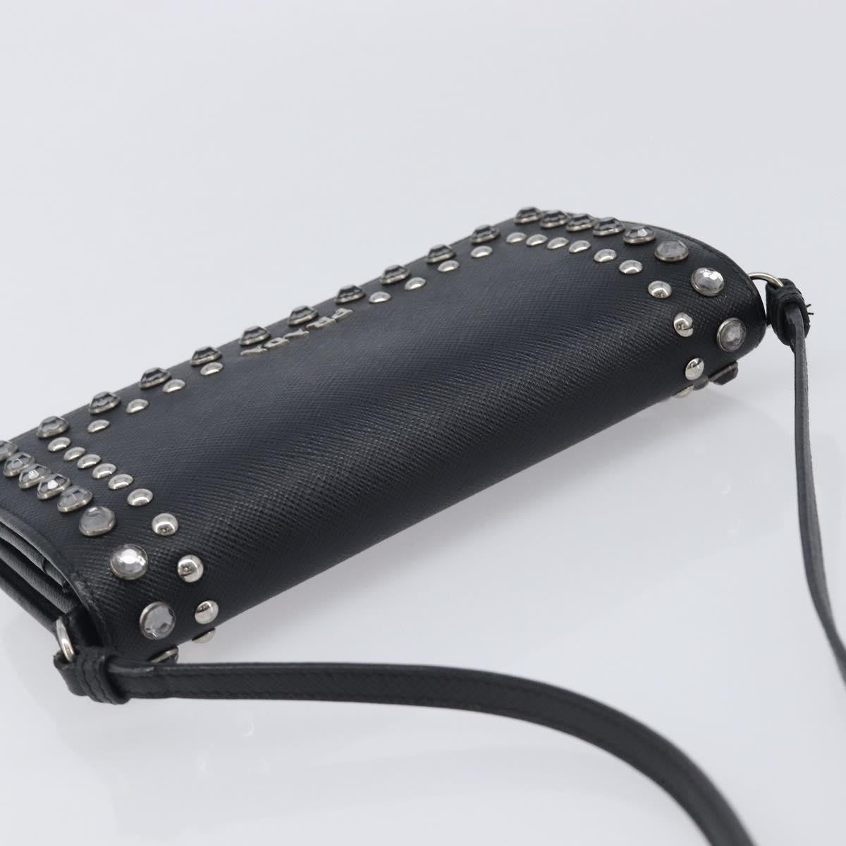 Prada Flap Studded Saffiano Leather, Black, Leather, Crossbody Bag
