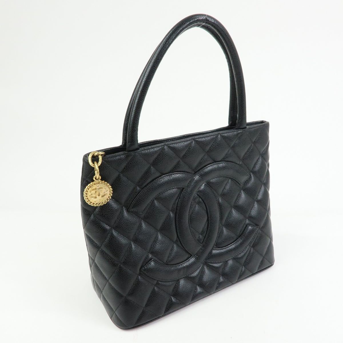 Chanel Medallion Quilted Caviar, Black, Leather, Tote Bag