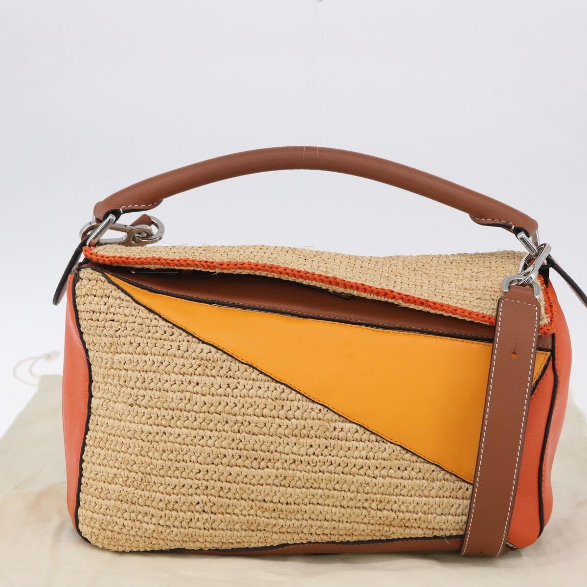 Loewe Puzzle Leather and Raffia, Beige, Leather, Handbag