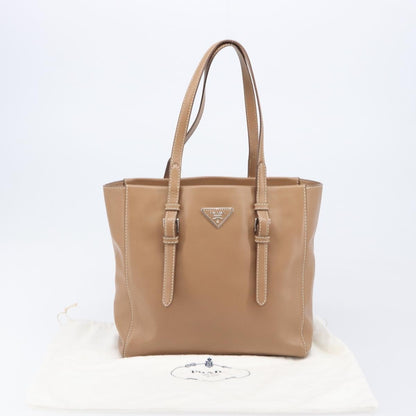Prada Covered Strap Open City Calfskin, Beige, Leather, Tote Bag