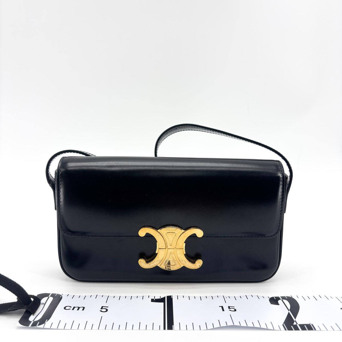 Celine Triomphe East-West Smooth Calfskin, Black, Leather, Shoulder Bag