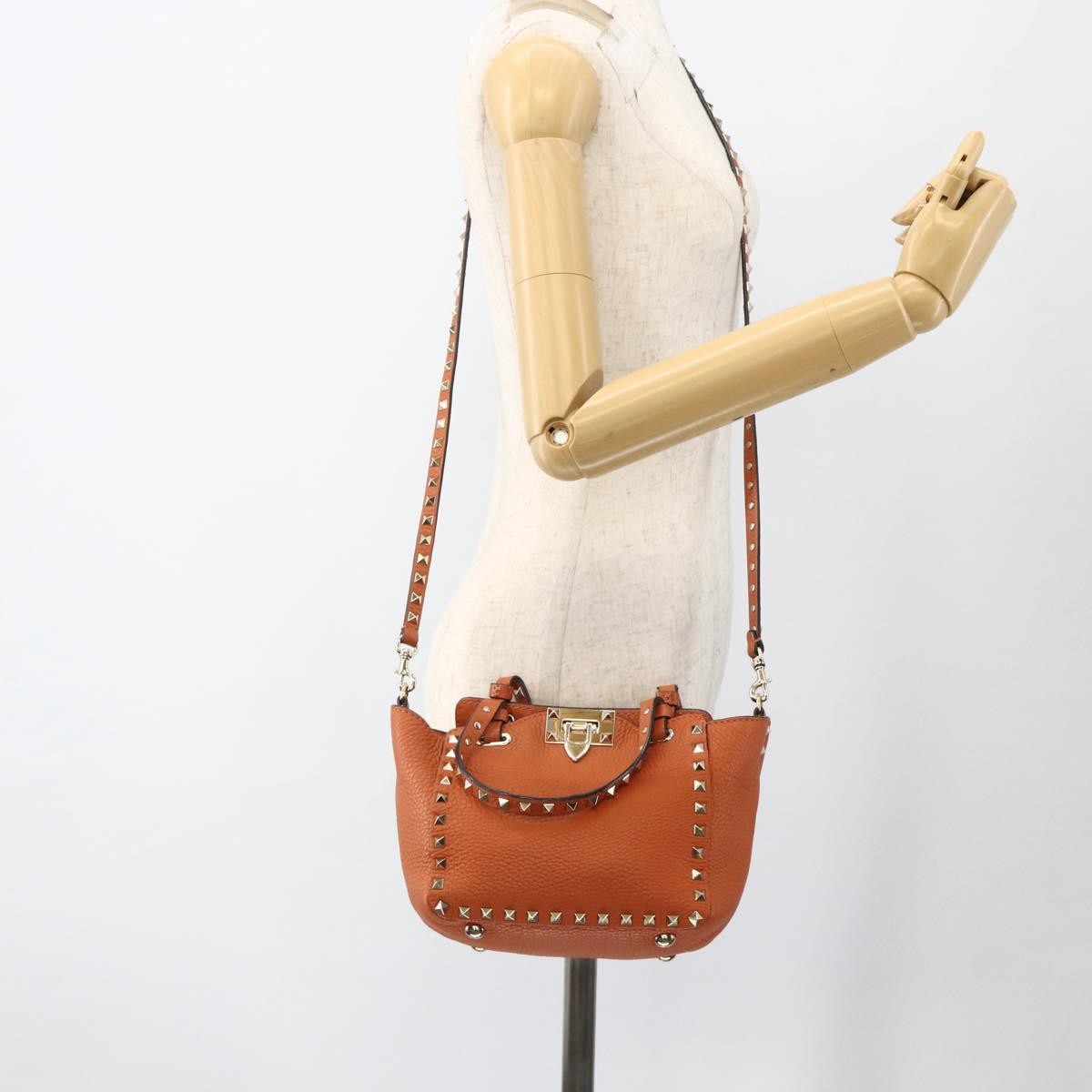 Valentino Garavani Rockstud Pebbled Leather, Orange, Leather, Tote Bag