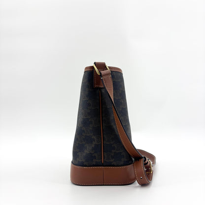 Celine Triomphe Bucket Embossed Suede, Black, Canvas, Handbag