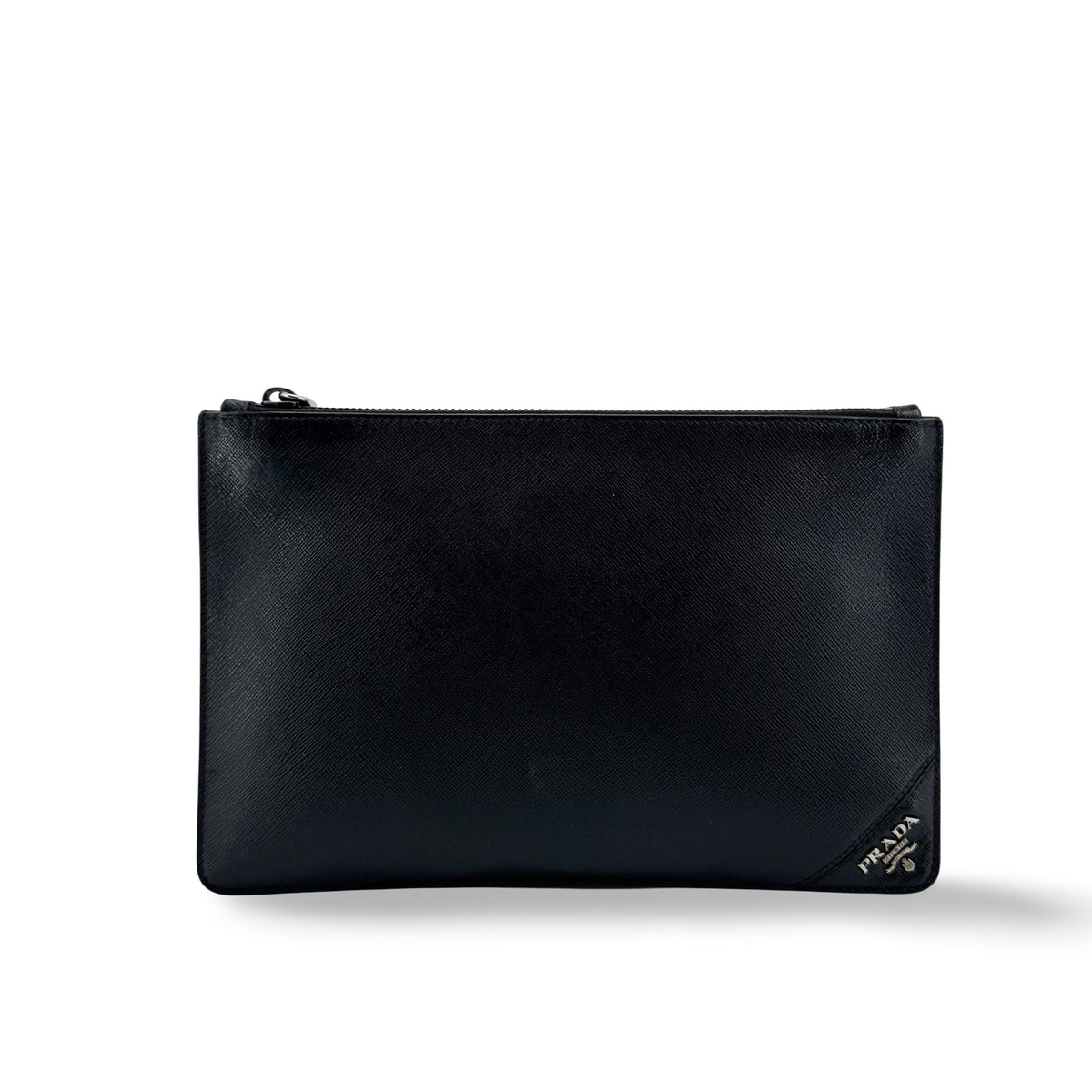 Prada Wristlet Zip Clutch Vitello Daino, Black, Leather, Clutch