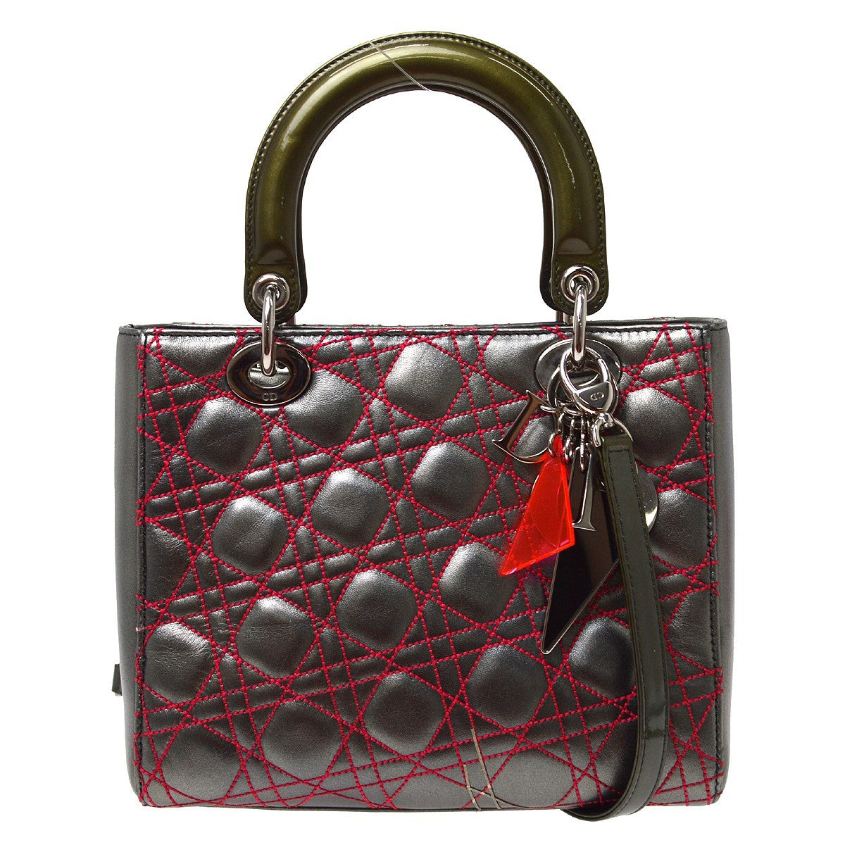 Christian Dior Lady Dior Cannage Stitch Patent, Gray, Leather, Handbag