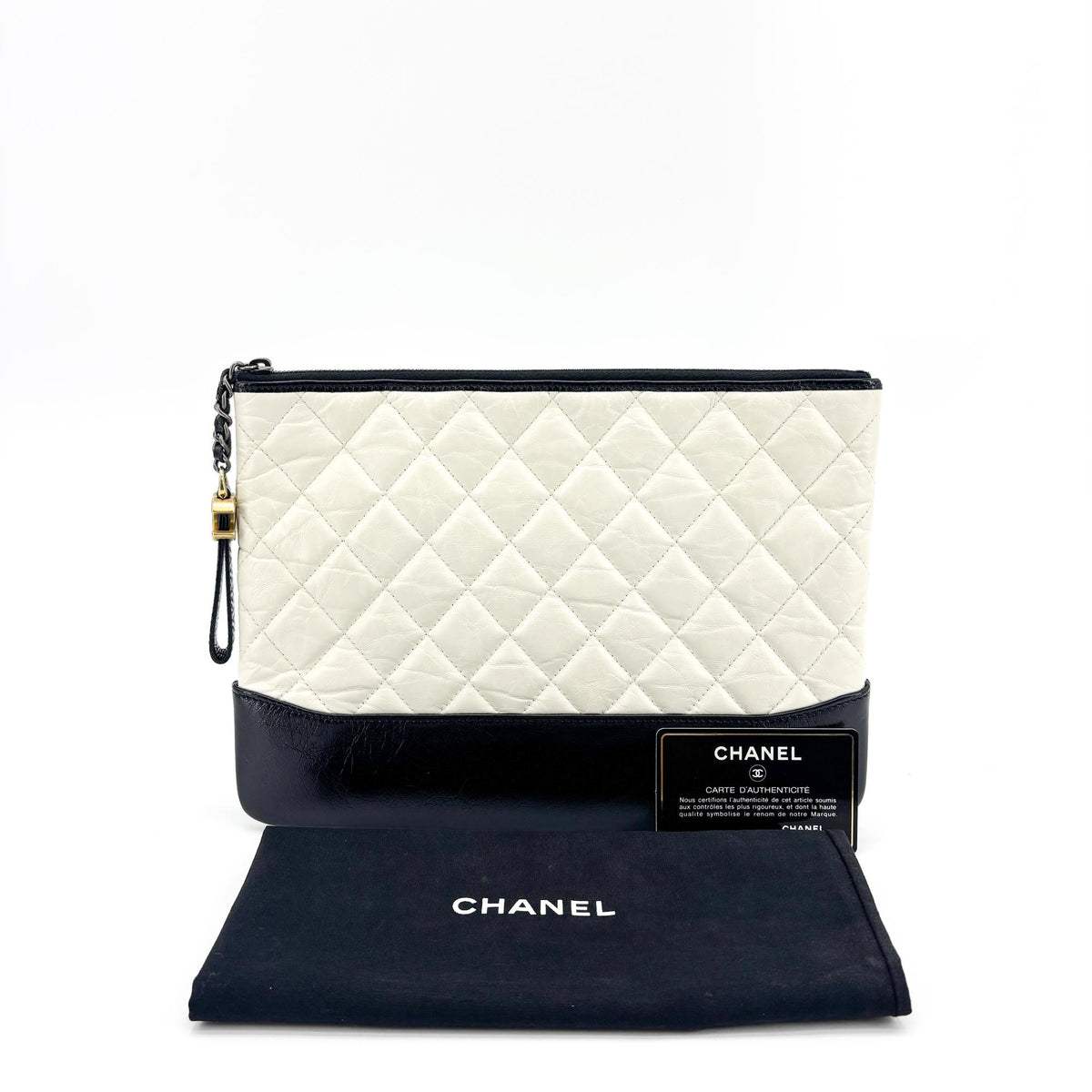 Chanel Gabrielle O Case Clutch Quilted Aged Calfskin, White, Leather, Clutch