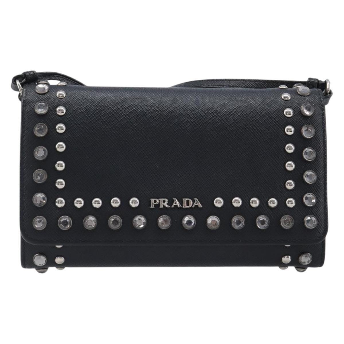 Prada Flap Studded Saffiano Leather, Black, Leather, Crossbody Bag