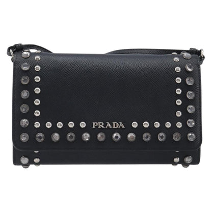 Prada Flap Studded Saffiano Leather, Black, Leather, Crossbody Bag