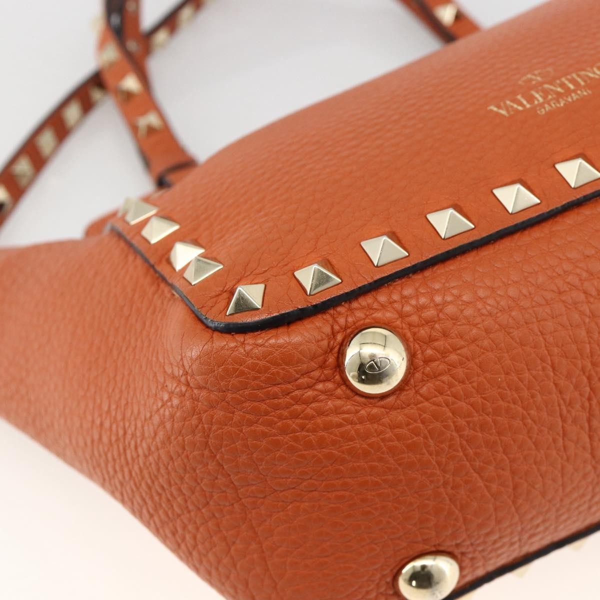 Valentino Garavani Rockstud Pebbled Leather, Orange, Leather, Tote Bag