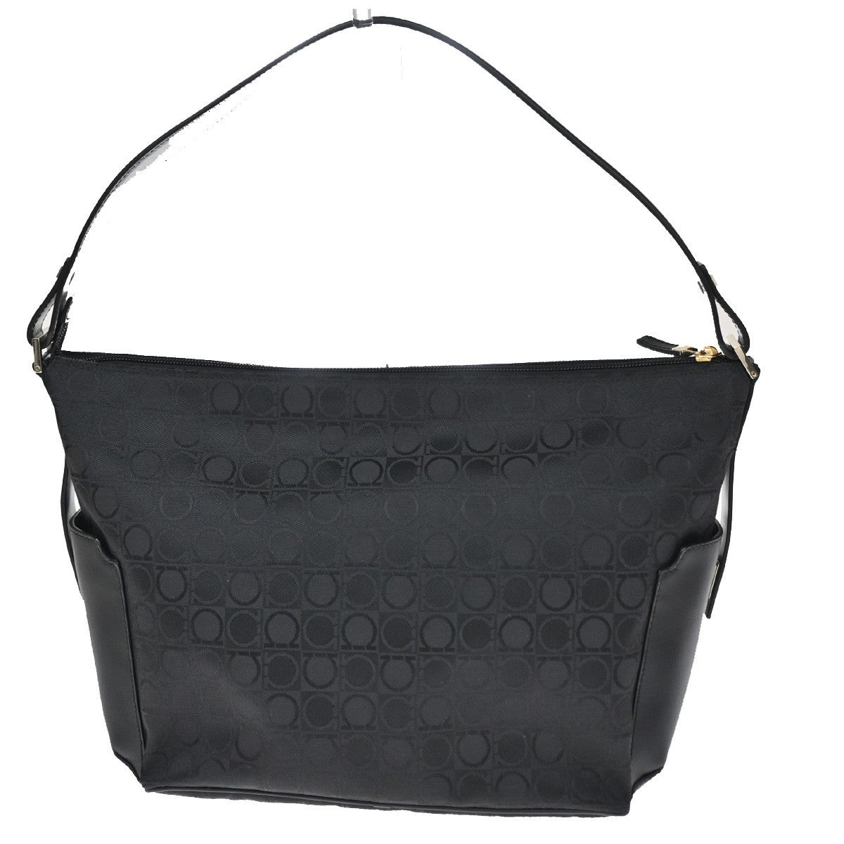 Salvatore Ferragamo Gancini Zip Leather, Black, Canvas, Tote Bag