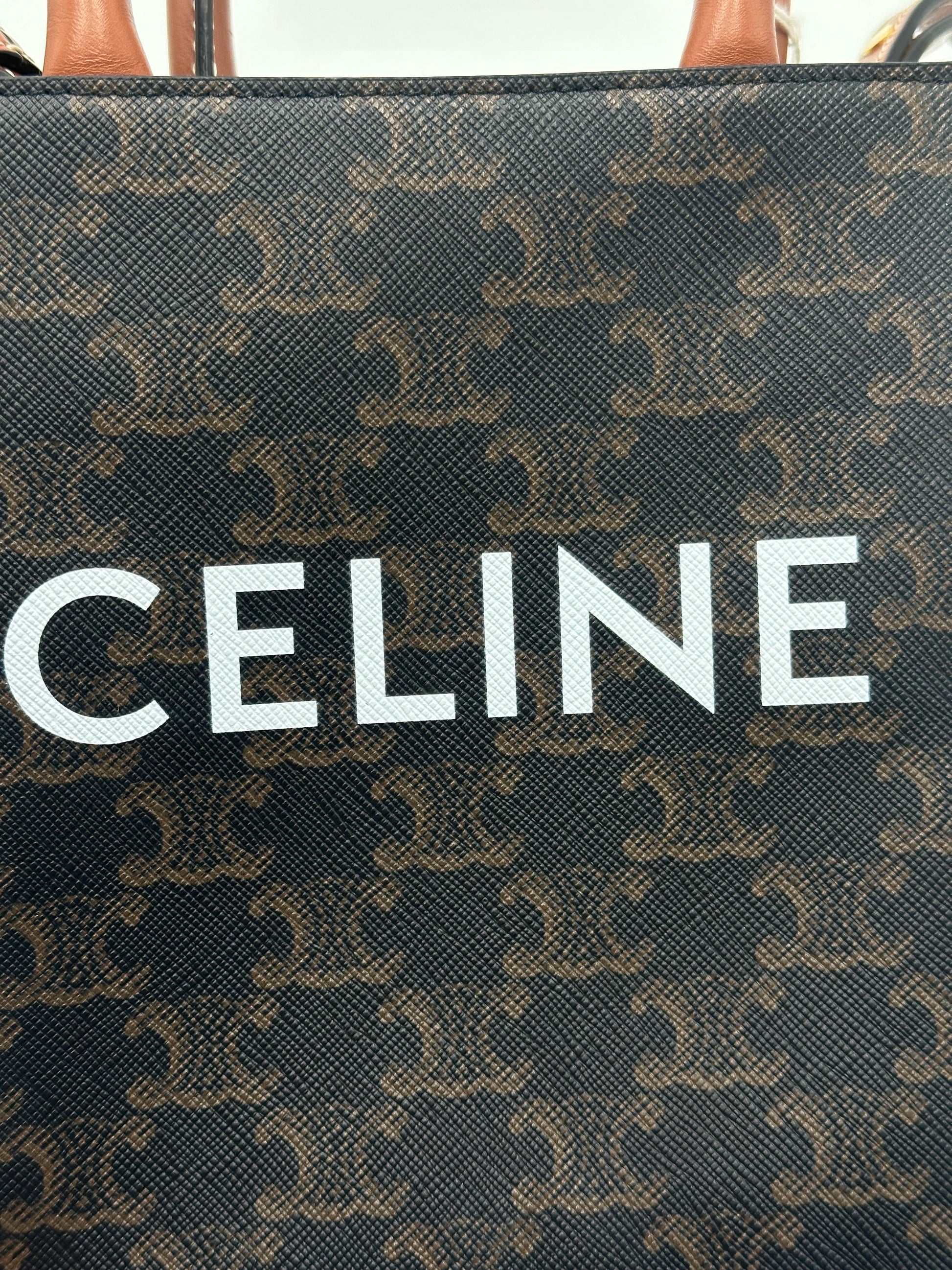 Celine Sulky Vertical Cabas Tote Canvas with Leather, BROWN, LEATHER, Tote bag
