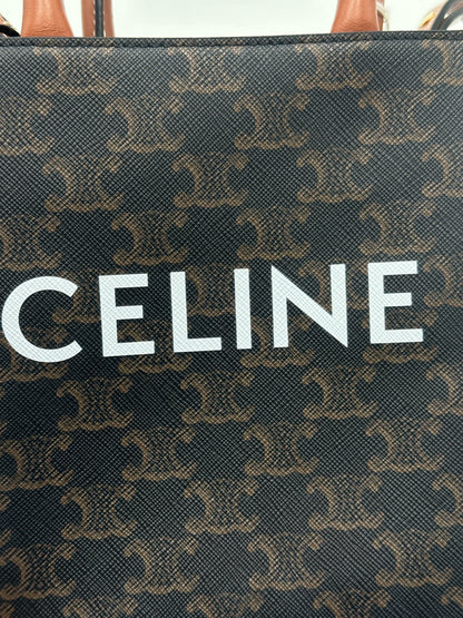 Celine Sulky Vertical Cabas Tote Canvas with Leather, BROWN, LEATHER, Tote bag