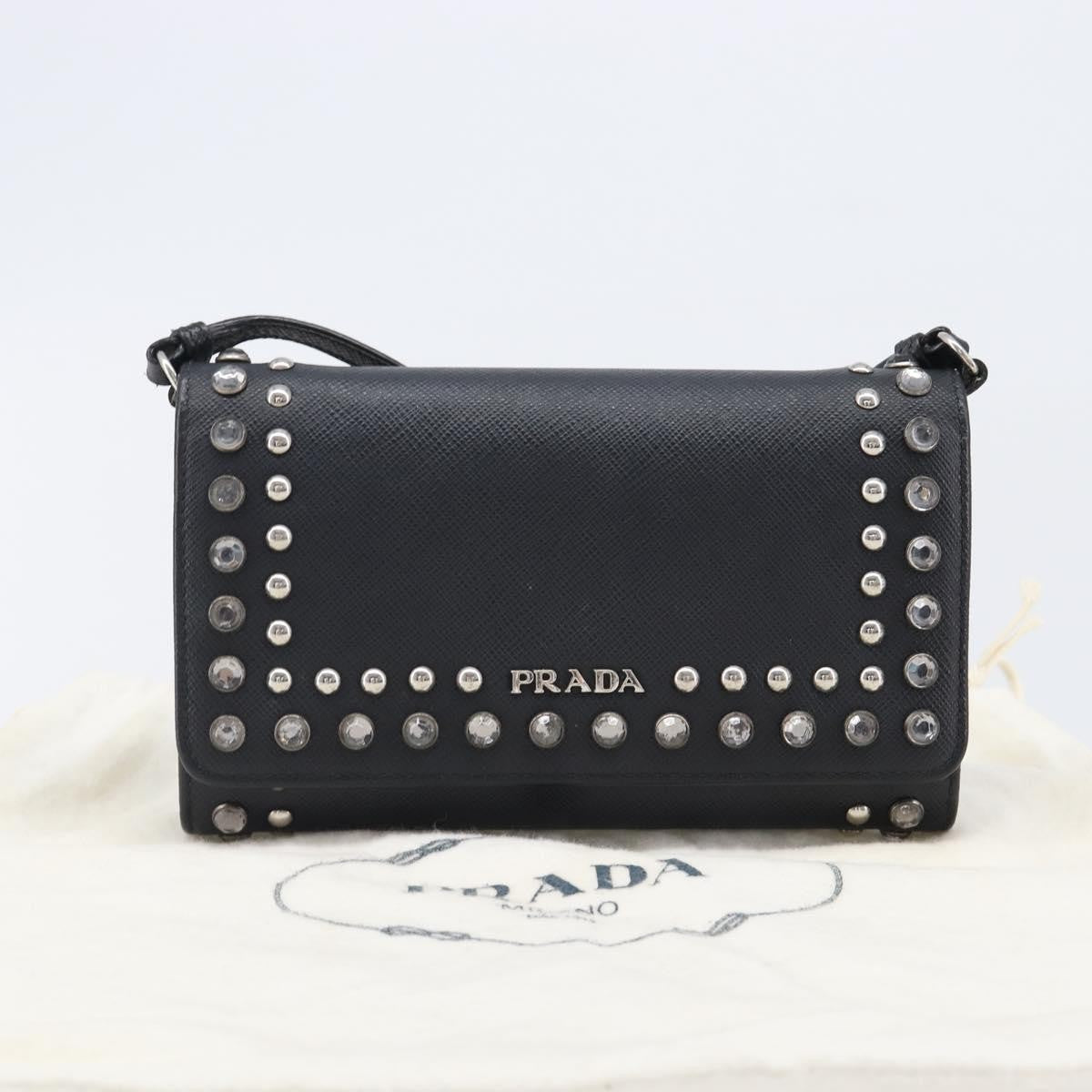 Prada Flap Studded Saffiano Leather, Black, Leather, Crossbody Bag