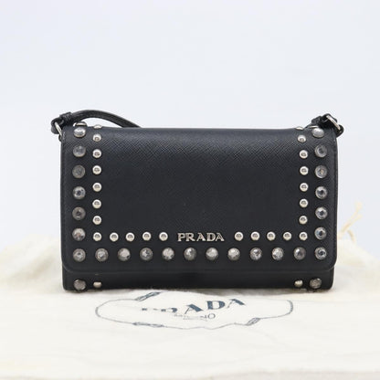 Prada Flap Studded Saffiano Leather, Black, Leather, Crossbody Bag
