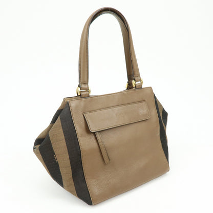 Fendi Boxy Leather with Pequin Canvas, Brown, Leather, Tote Bag