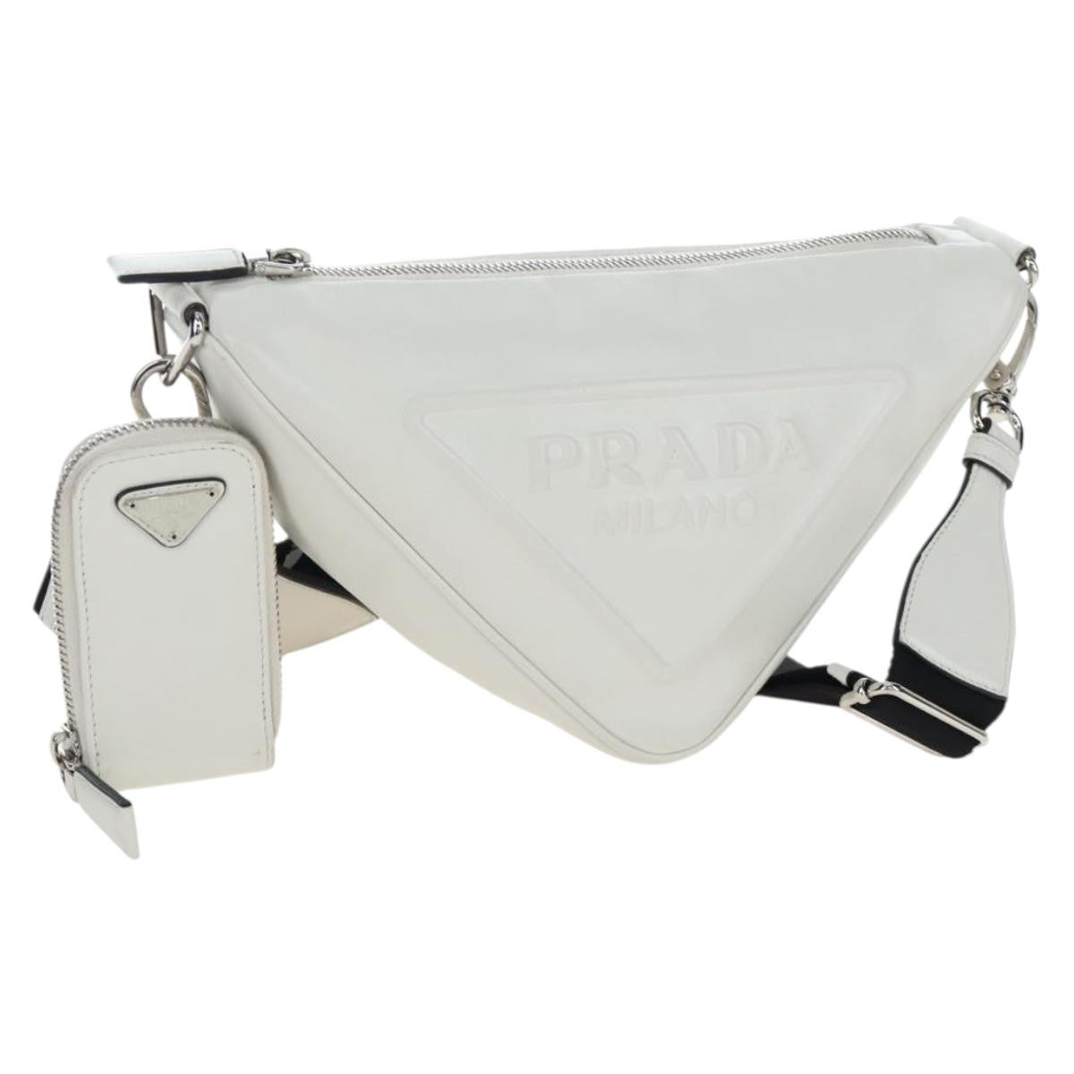 Prada Triangle Logo Wristlet Embossed Leather, White, Leather, Clutch