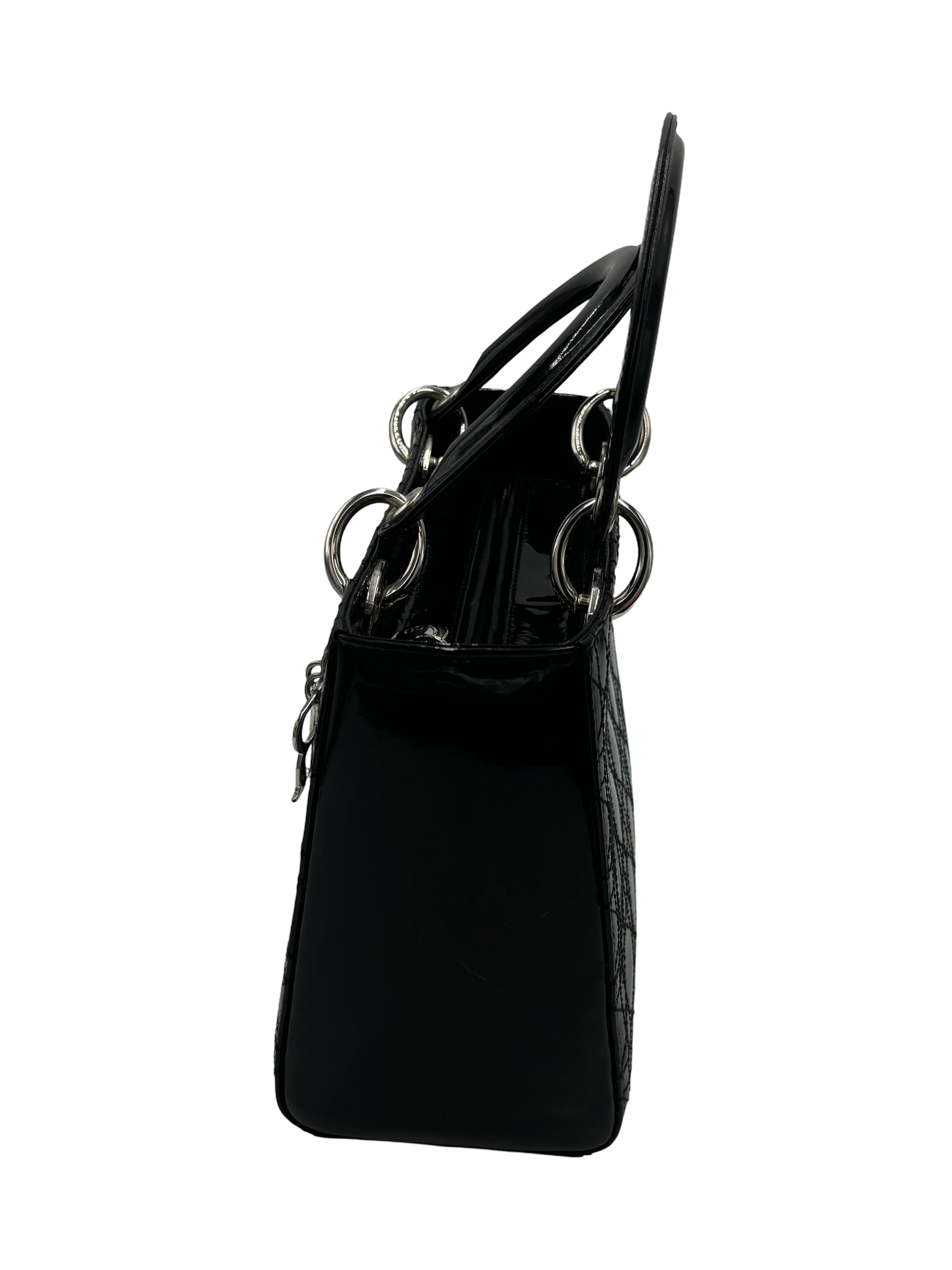 Christian Dior Lady Dior Patent, Black, Patent Leather, Handbag