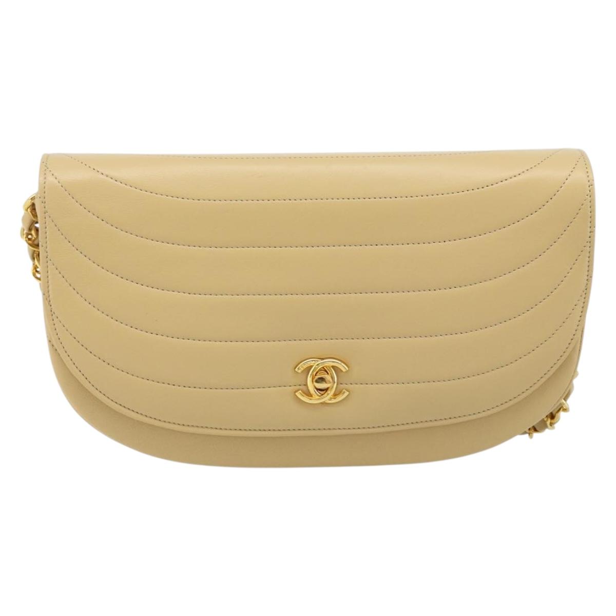Chanel Vintage Half Moon Flap Bag Quilted lambskin, BEIGE, LEATHER, Shoulder bag