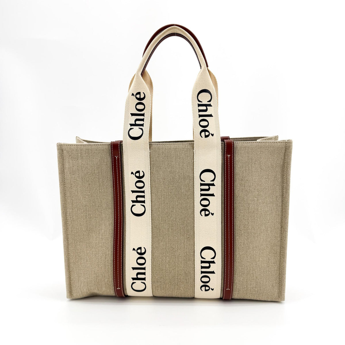 Chloe Woody Canvas with Leather, Brown, Canvas, Tote Bag