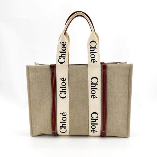 Chloe Woody Canvas with Leather, Brown, Canvas, Tote Bag