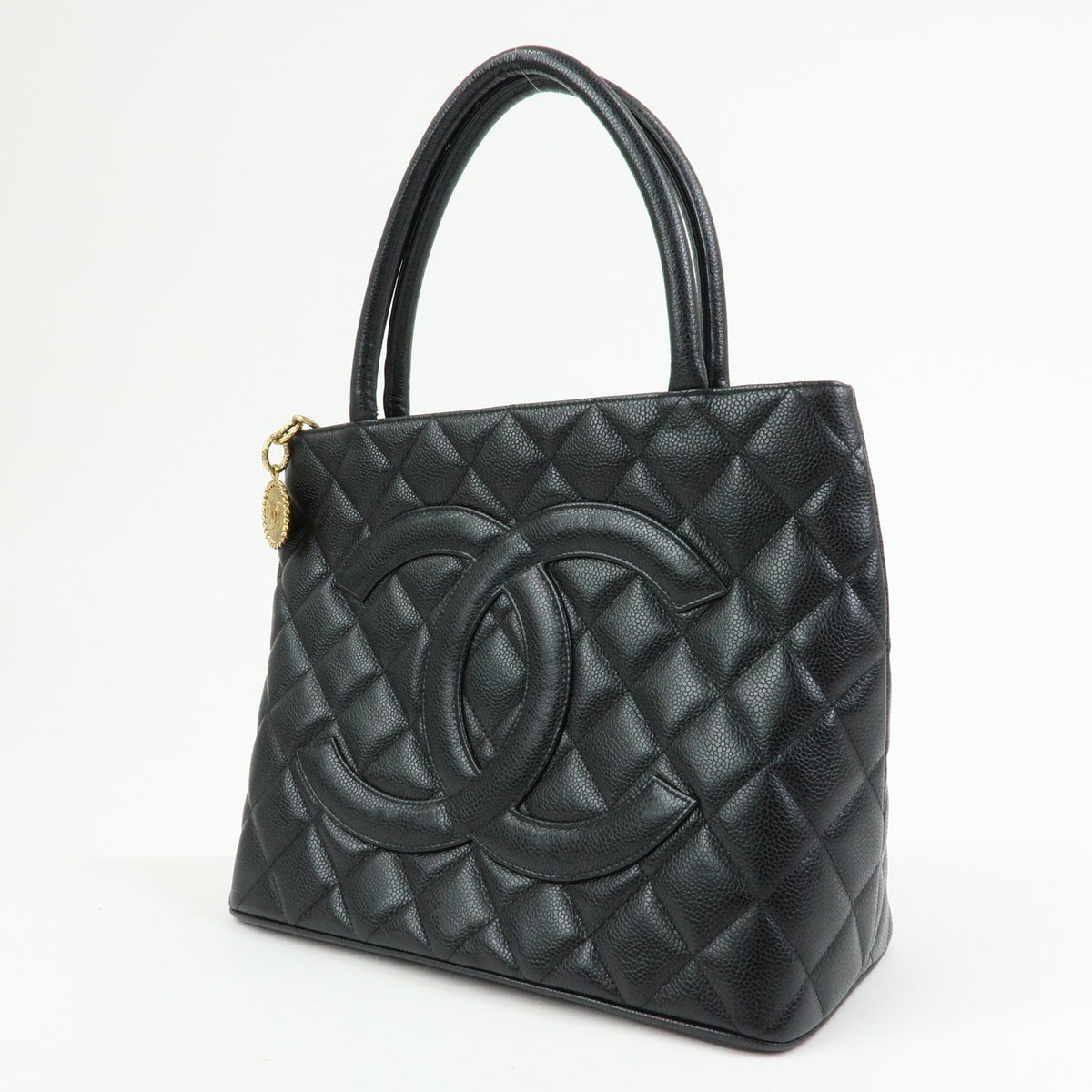 Chanel Medallion Quilted Caviar, Black, Leather, Tote Bag