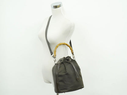 Gucci Vintage Bamboo Bucket Nylon and Leather, Brown, Canvas, Handbag