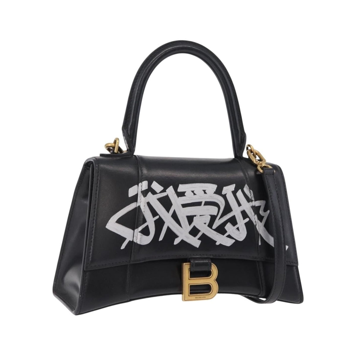 Balenciaga Graffiti Hourglass Top Handle Leather, Black, Leather, Handbag
