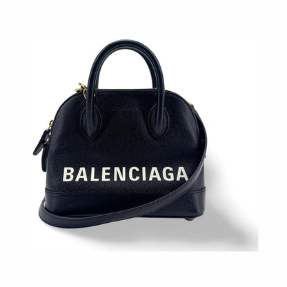 Balenciaga Logo Ville Leather, Black, Leather, Handbag