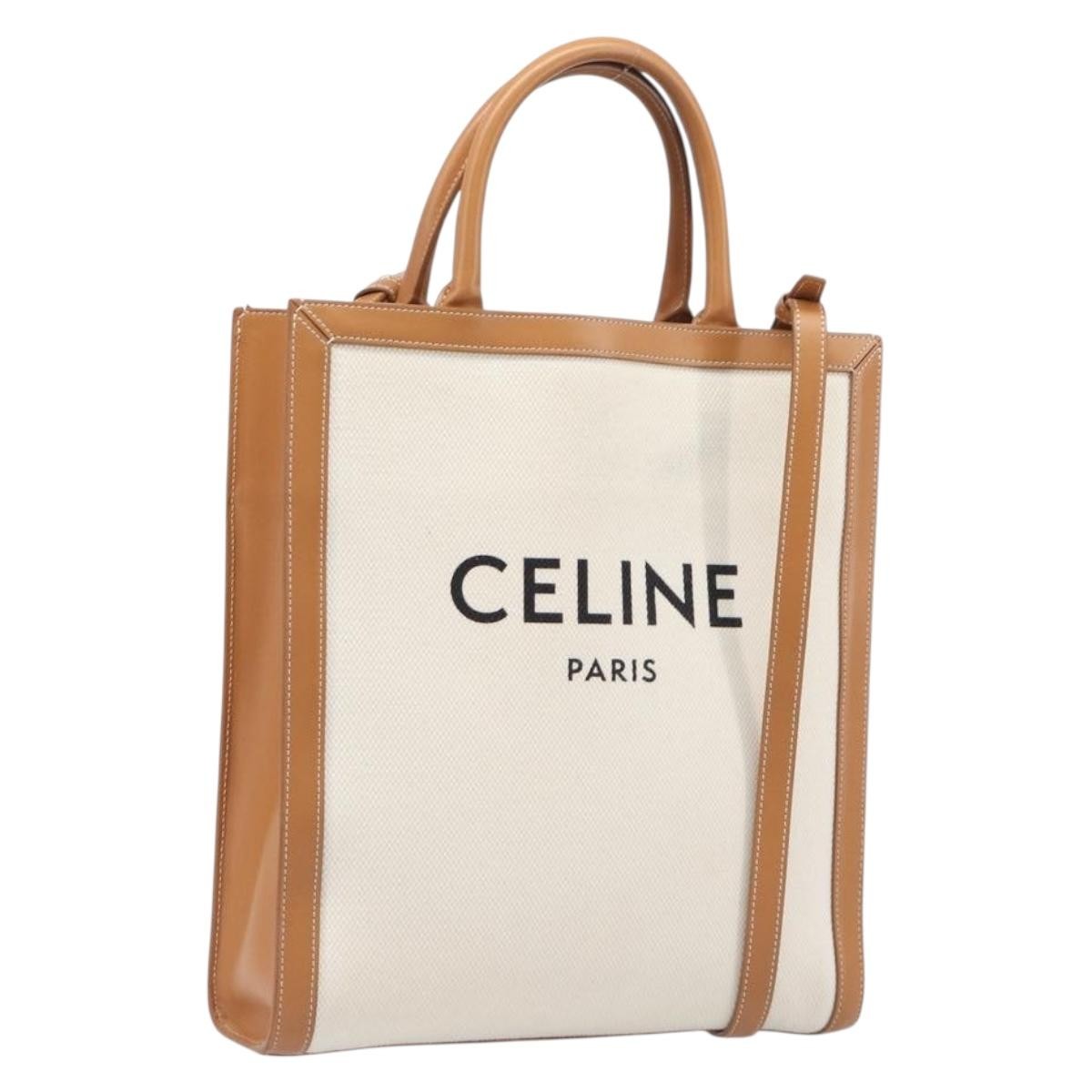 Celine Vertical Cabas Canvas with Leather, Beige, Canvas, Tote Bag