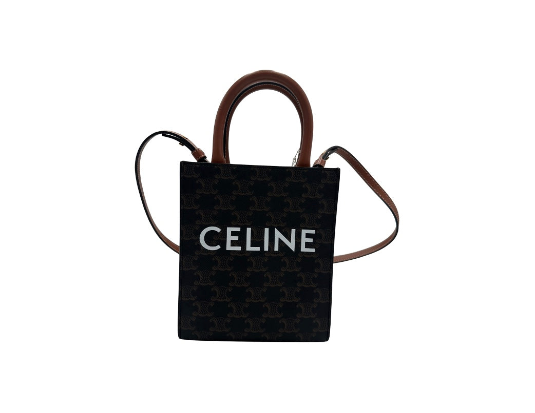 Celine Sulky Vertical Cabas Tote Canvas with Leather, BROWN, LEATHER, Tote bag