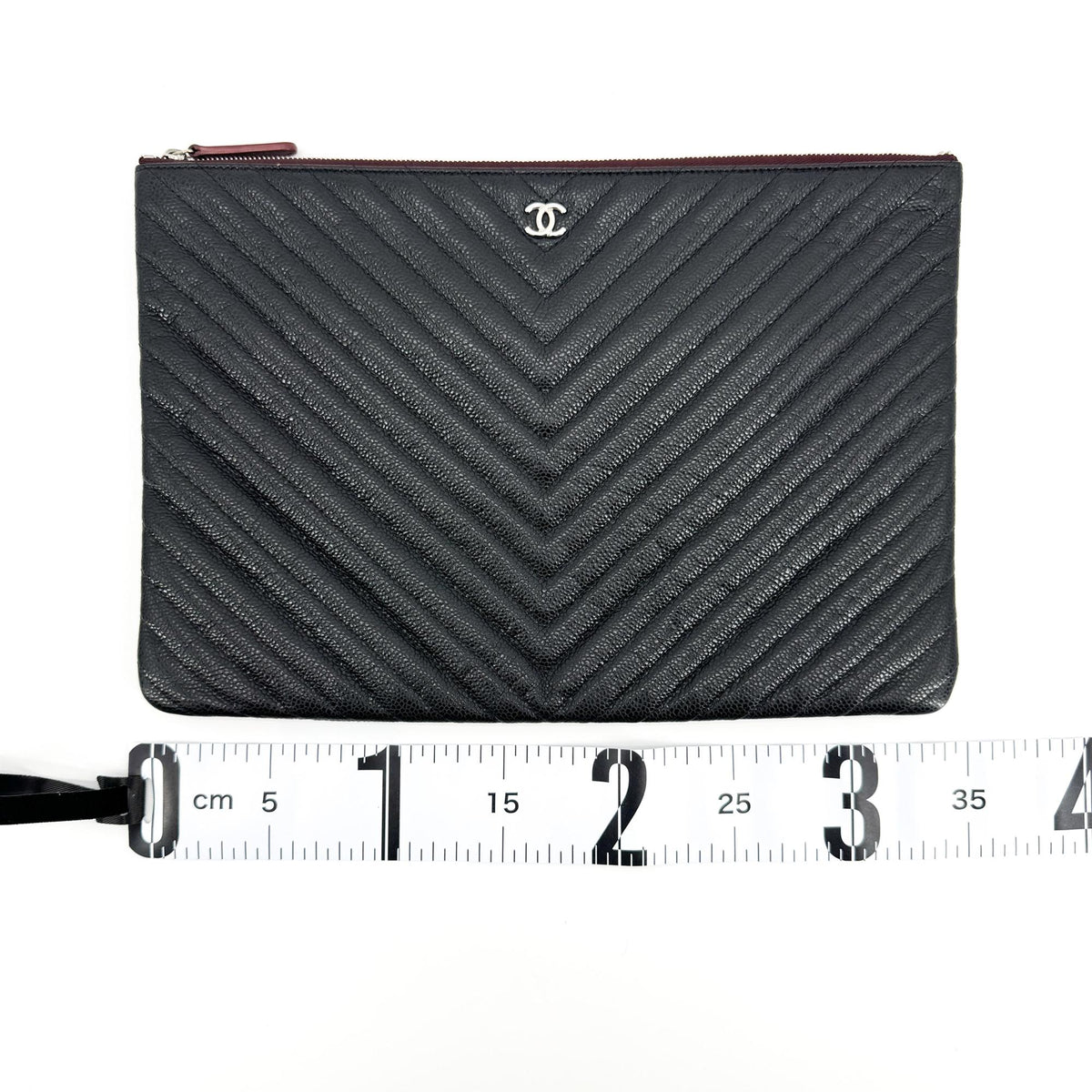 Chanel Charm O Case Chevron Lambskin, Black, Leather, Clutch
