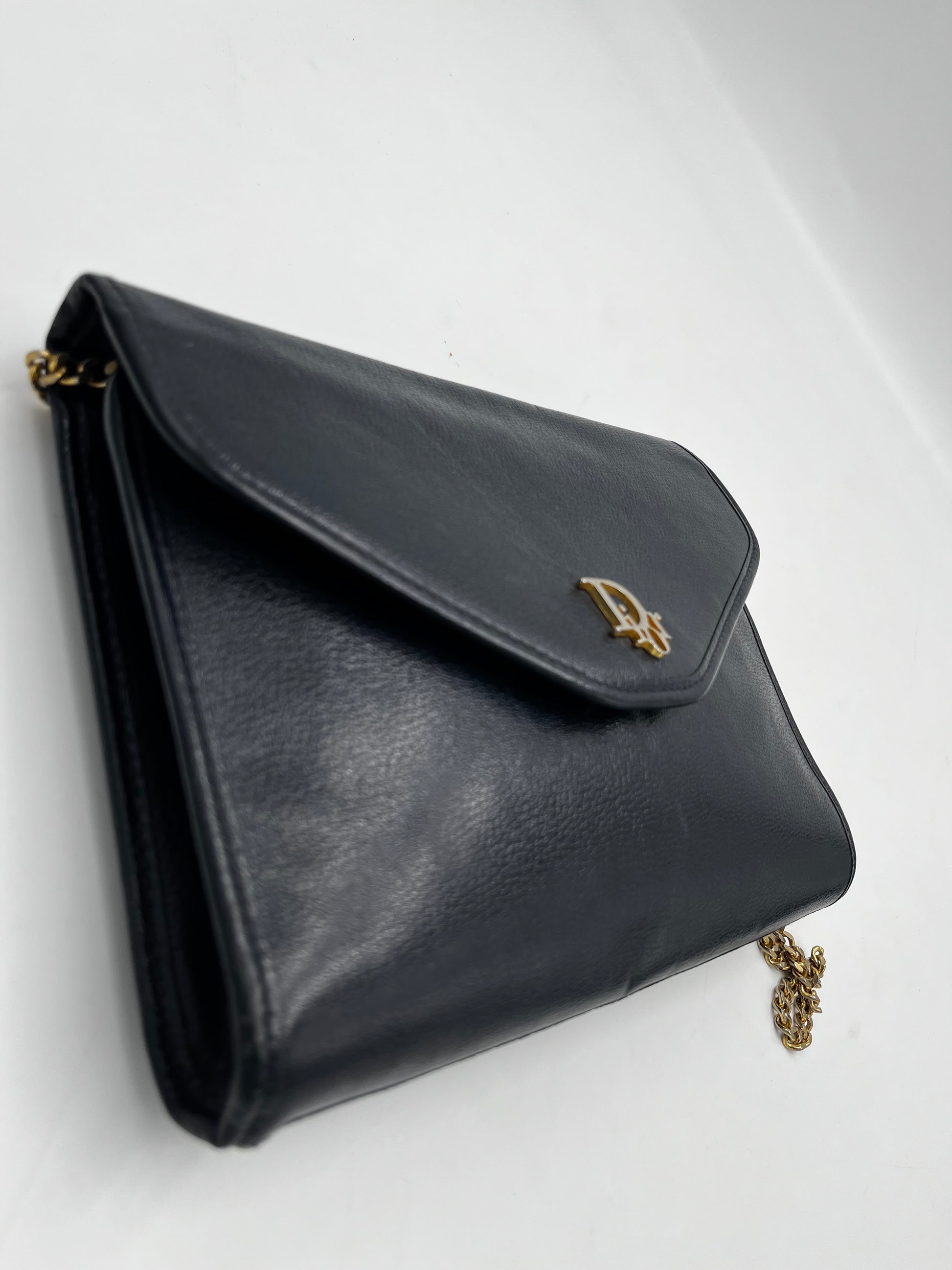 Christian Dior Vintage CD Chain  Shoulder Bag Leather, Black, Leather, Clutch