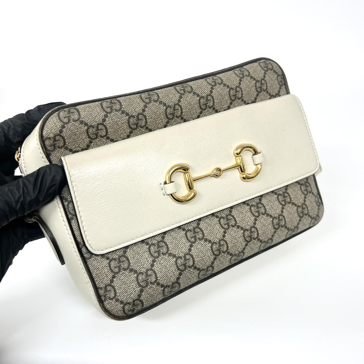 Gucci Horsebit 1955 Flap Pocket Camera GG Coated Canvas and Leather, Beige, Canvas, Handbag
