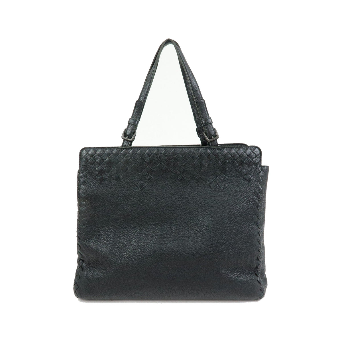 Bottega Veneta A-Shape Leather with Intrecciato Detail, Black, Leather, Tote Bag