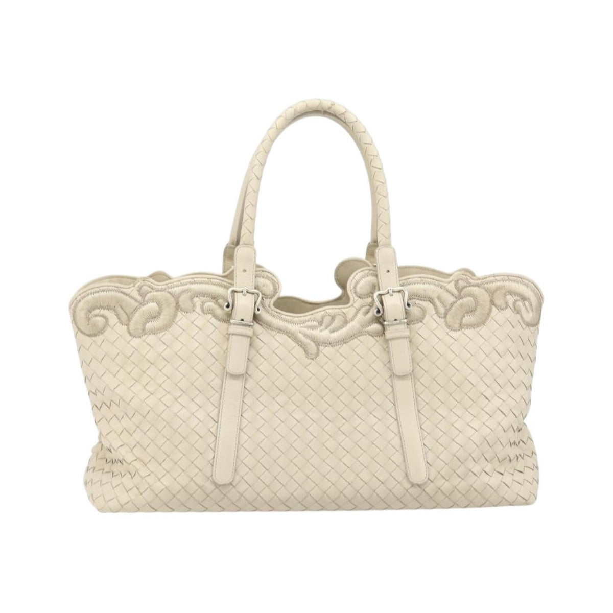 Bottega Veneta Belted Cabas Tote Intrecciato Nappa with Stitched Detail, White, Leather, Tote Bag