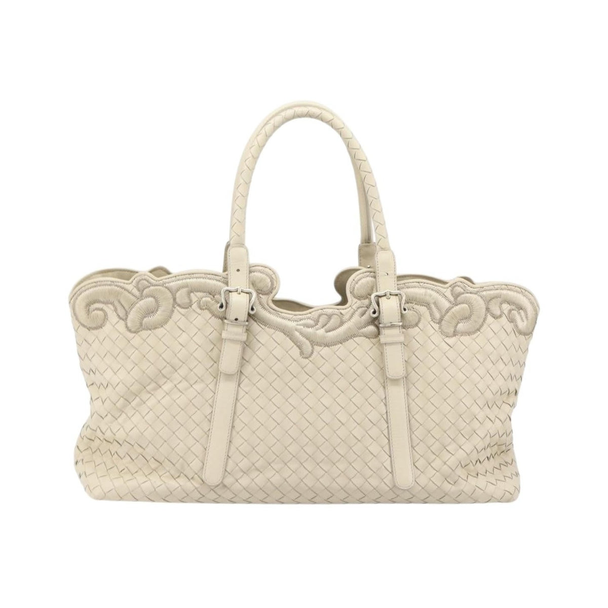 Bottega Veneta Belted Cabas Tote Intrecciato Nappa with Stitched Detail, White, Leather, Tote Bag