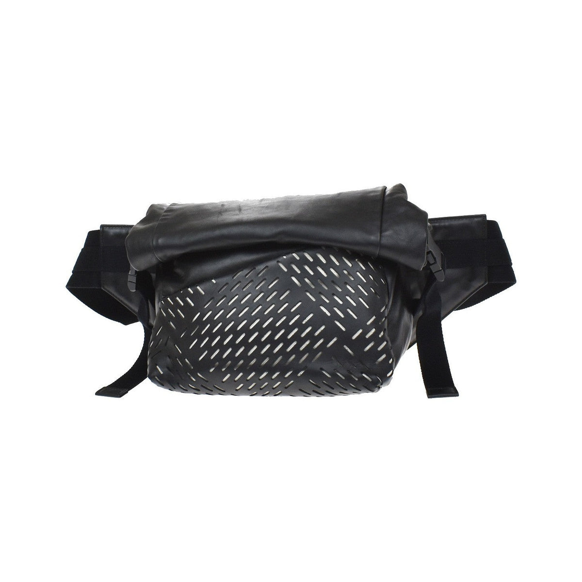 Bottega Veneta Folding Top Belt Perforated Leather, Black, Leather, Handbag