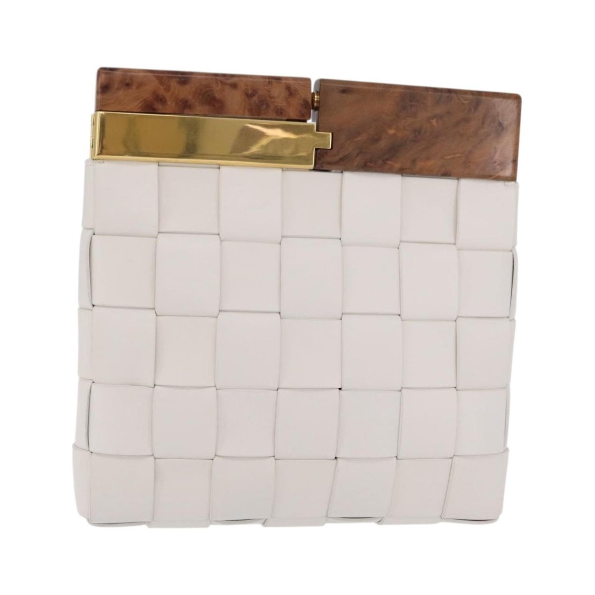 Bottega Veneta The Snap Clutch Maxi Intrecciato Leather with Wood and Metal, White, Leather, Clutch
