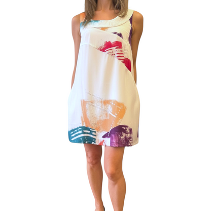 Brandsamsara Chloe dress in 100% silk featuring a sleeveless white silhouette with abstract multicolor brushstrokes