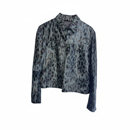 Brandsamsara green and black leopard print denim jacket with button closure and chest pockets.